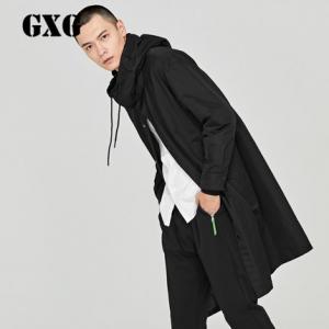 GXG男装 2017秋季新品时尚潮流黑色长款连帽风衣外套男