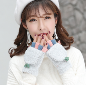 韩版可爱手套女冬季学生卡通加厚保暖翻盖毛线露指秋冬天半指手套