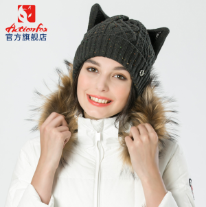 快乐狐狸帽子女冬针织帽 时尚可爱甜美保暖花纱毛线帽 猫耳朵帽子